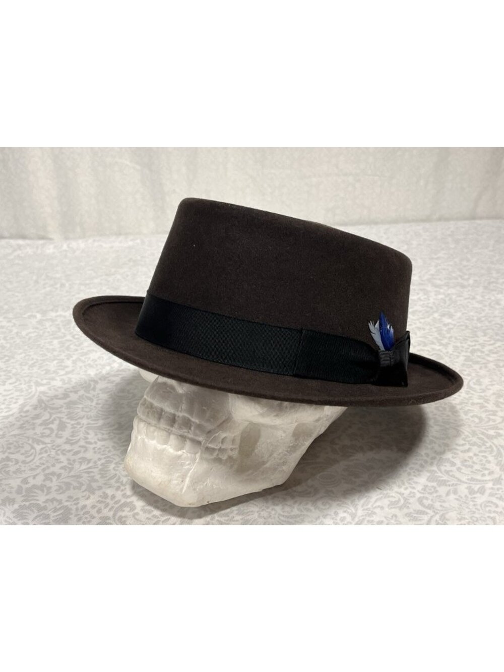 Vintage Champ Smoke Hat Size 7 Pork Pie Brown Black Feather Grosgrain Ribbon